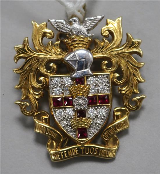 An 18ct gold, diamond and ruby set Guild of Freeman of the City of London brooch, gross 16.8 grams.